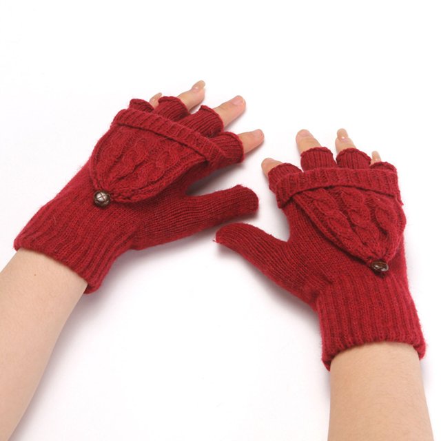 Gants d'Hiver Mode Couleur Unie Tricot Bouton Flip Mignon Double Usage Chaud Demi-Doigt