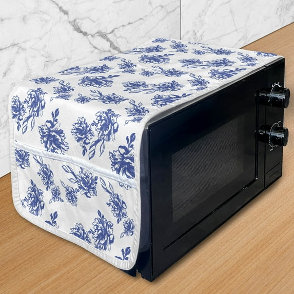 Floral Microwave Oven Cover, Rhythmic Abstract Blue Peonies Blossom Watercolor Pattern on Plain Background, Water Resistant Organizer with Pockets Kitchen, 36" x 12", Violet Blue White, by Ambesonne