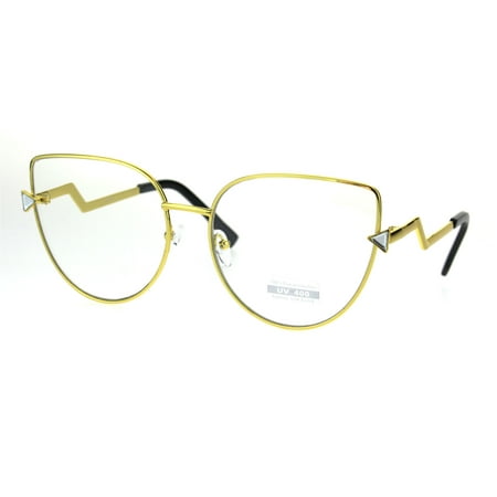 Clear Lens Lightening Bolt Crooked Arm Gothic Cat Eye Glasses Gold