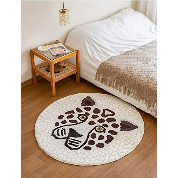 Fennco Styles Kids Cartoon Brown Leopard Shag Area Rug 32" Round - Animal Design Soft Non-Slip Fleece Play Mat for Boys Girls Bedroom Décor, Kids Playroom, Living Room, Nursery Déco