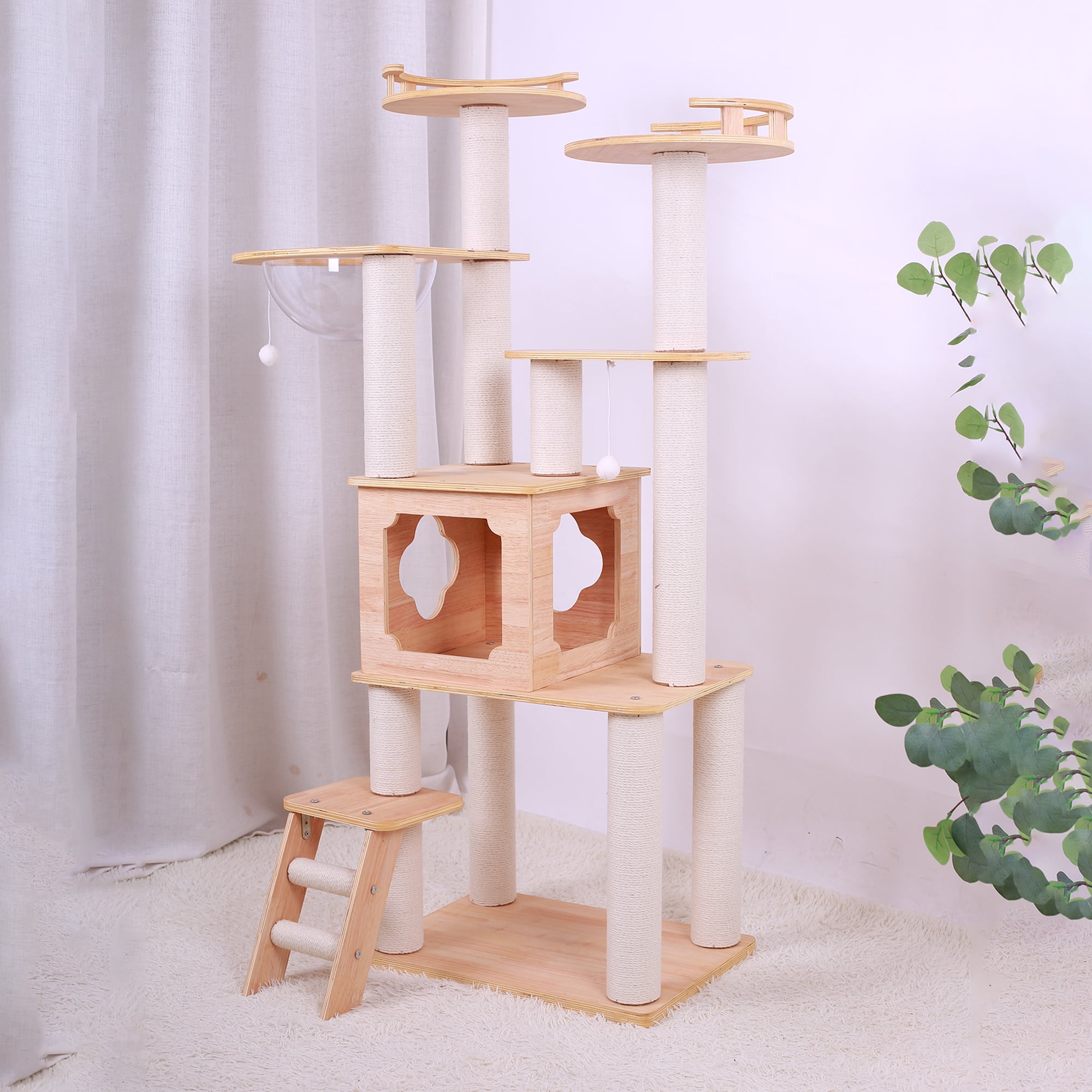 Pefilos 58" Modern Wooden Cat Tree Tower for Indoor Cats, Multi-Level Sturdy Cat Tree Play House Condo with Space Capsule, Beige Pefilos 58" Modern Wooden Cat Tree Tower for Indoor Cats, Multi-Level Sturdy Cat Tree Play House Condo with Space Capsule, Beige