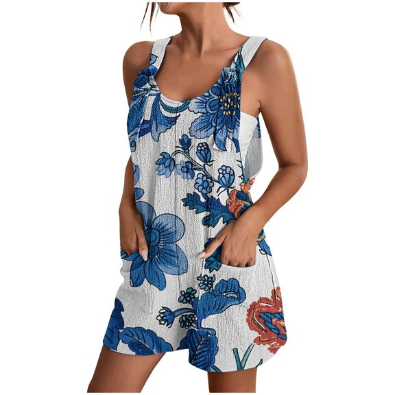 Kmdttou 2025 New Fashion Women's Summer Comfortable Casual Suspender Printing Shorts Pocket Jumpsuit Shorts with Pockets Clothes on Clearance!
