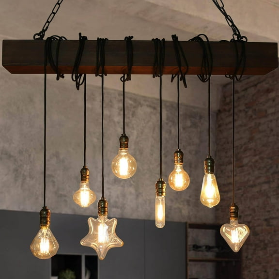 LNC 8-Light Dark Brown Wood and Black Linear Farmhouse Bare Bulb LED Chandelier, Large Linear Modern Farmhouse Chandeliers Light for Dining Room, Kitchen Island, Bedroom