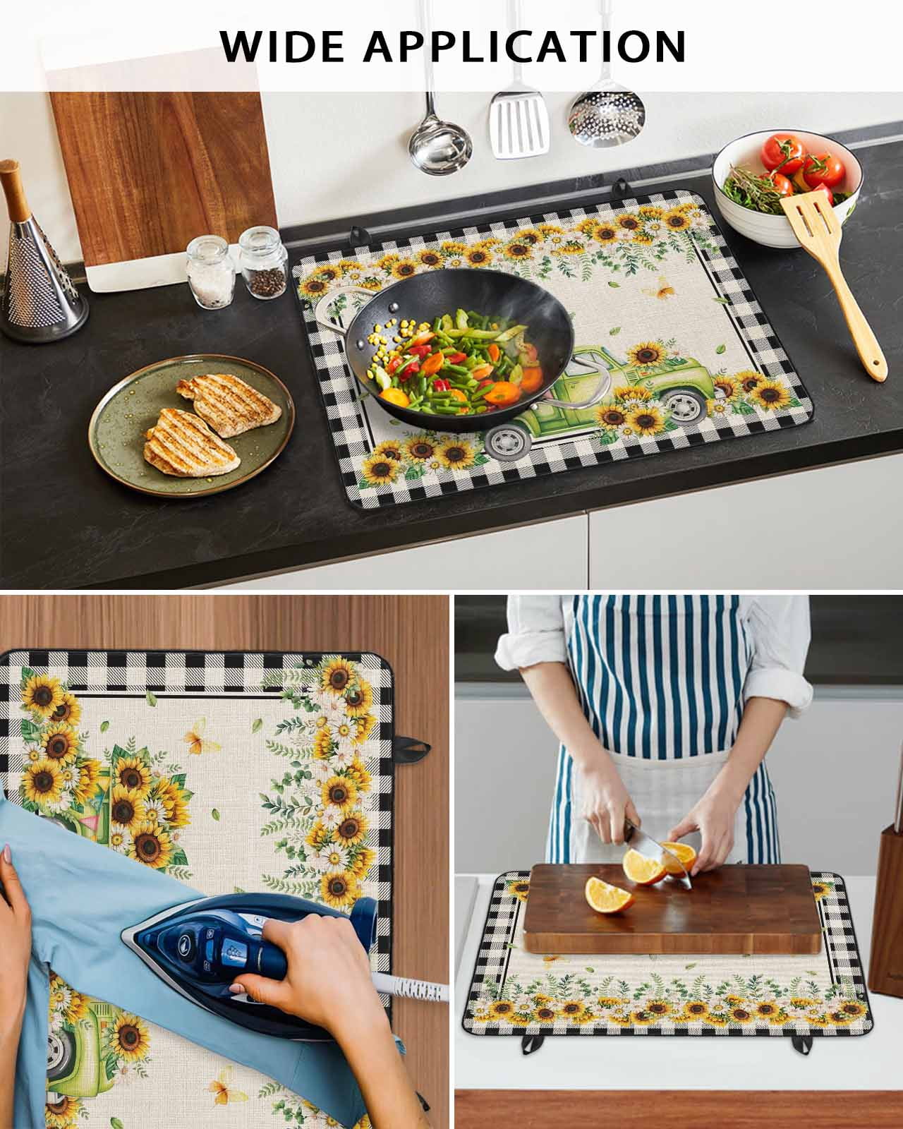 Large Induction Cooktop Protector Mat Sunflowers Stove Top Covers for Electric Stove, Spring Farmhouse Vintage Truck Leaf Black Plaid Decorative Stove Burner Cover Mats, Glass Top Stove Cover
