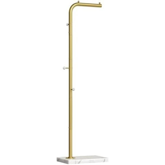 L Shaped Glod Coat Rack, Metal Coat Tree, Modern Clothes Rack with 3 Hooks and Thickened Base, Floor Standing Coat Hanger Stand, for Entryway, Living Room, Cloakroom, Gold and White YM01DWY1