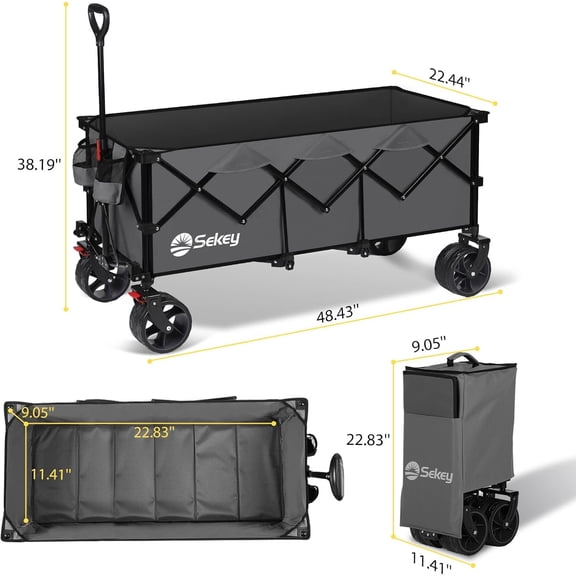 48''L Collapsible Foldable Extended Wagon with 440lbs Weight Capacity, Heavy Duty 300L Folding Utility Garden Cart with Big All-Terrain Beach Wheels & Drink Holders
