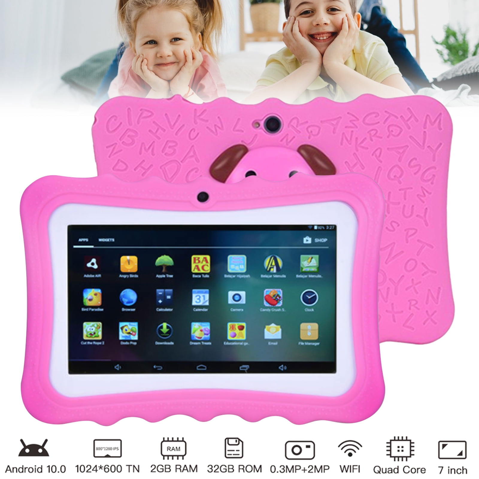 7" Kids Tablets, 2GB+32GB Storage Smart Tablets for Children Educational with Shockproof Case (Bluetooth, Wi-Fi, Android, Dual Camera, Pink)