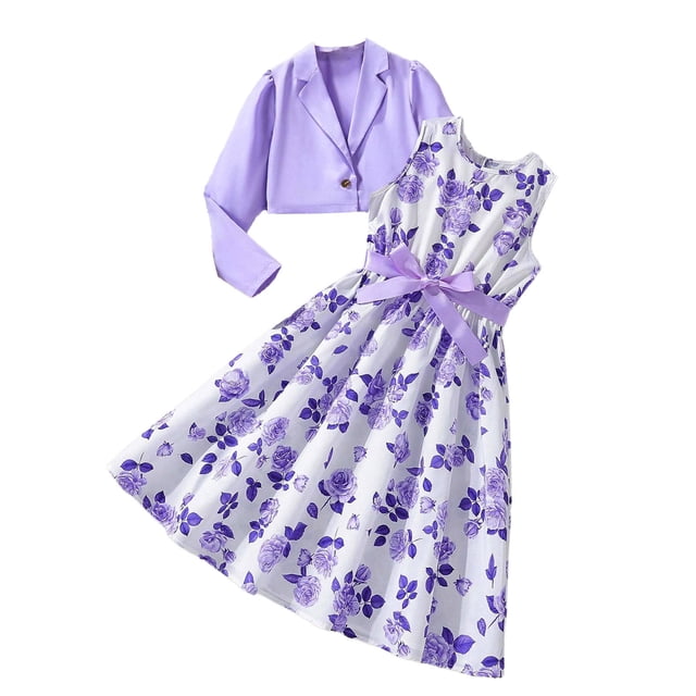 Ensemble 2 Pcs Tenues d'Été pour Filles Robe Courte Sans Manches et Haut Court à Manches Courtes Robes Formelles Taille 10-12 Ans Mode Fille