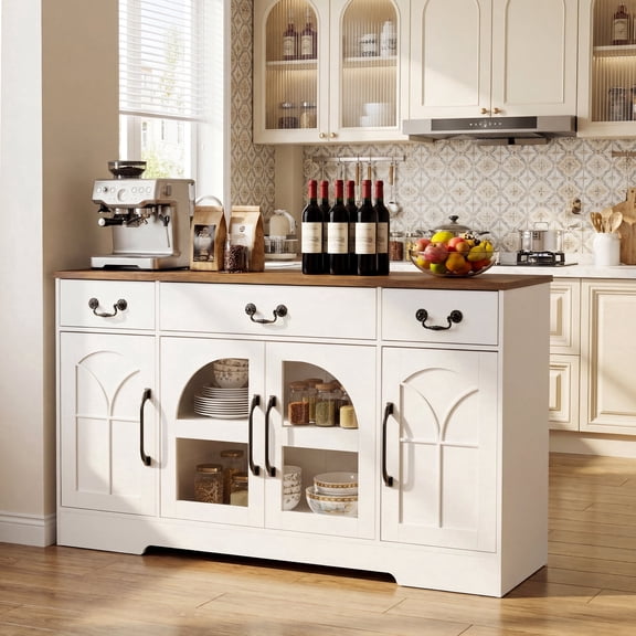Keenstone Sideboard Buffet Cabinet, 55.1" W Expandable Desktop Storage with 2 Drawers, 4 Doors, and Adjustable Shelves, White