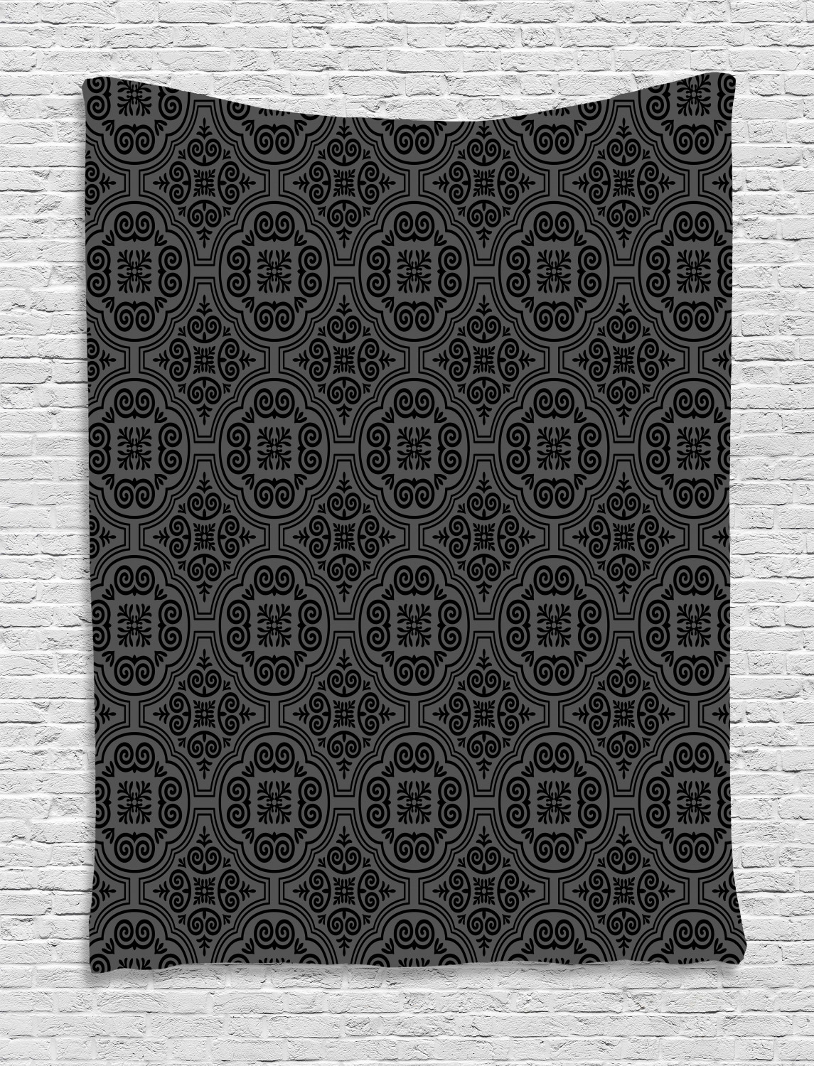 Dark Grey Tapestry, Baroque Flower Motifs Medieval Ornate
