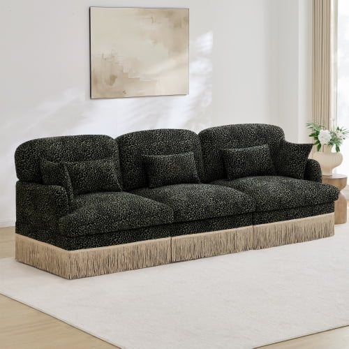 Comfy Chenille Leopard Print 3-Seater Sofa with Tassel Edge Modern Modular Sectional Couch for Living Room Green
