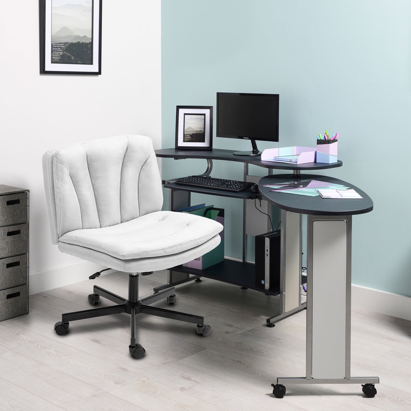 Criss Cross Legged Chair Ergonomic Home Office Desk Chair with Casters, Armless Wide Comfy Computer Task Seat Swivel Rolling Vanity Chair with Height Adjustable and Rocking Function, Beige
