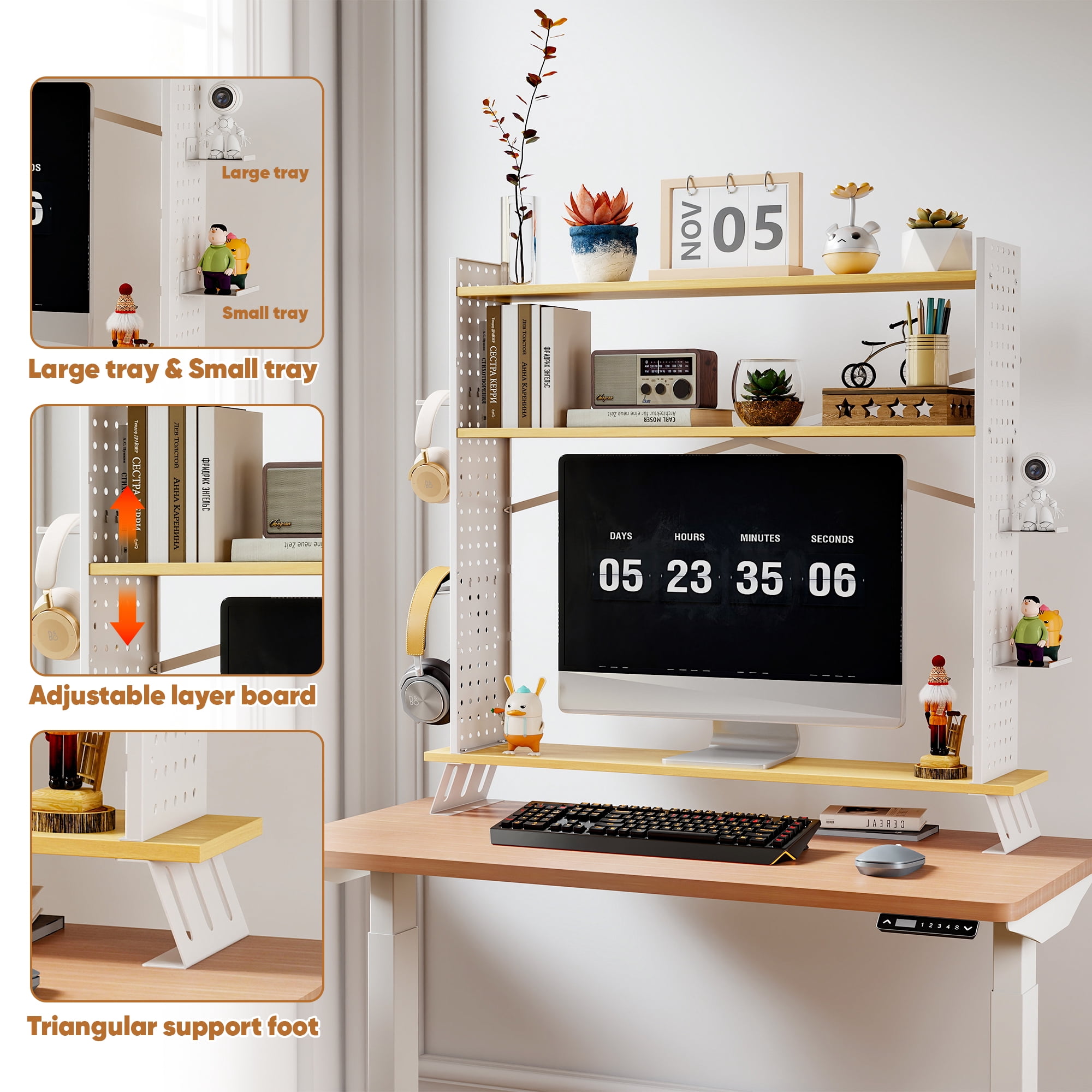 Gomok 2-in-1 Desktop Bookshelf, Adjustable 3-Tier Desk Shelf Bookcase Storage Rack with 3 Trays & 2 Grid Panels, White