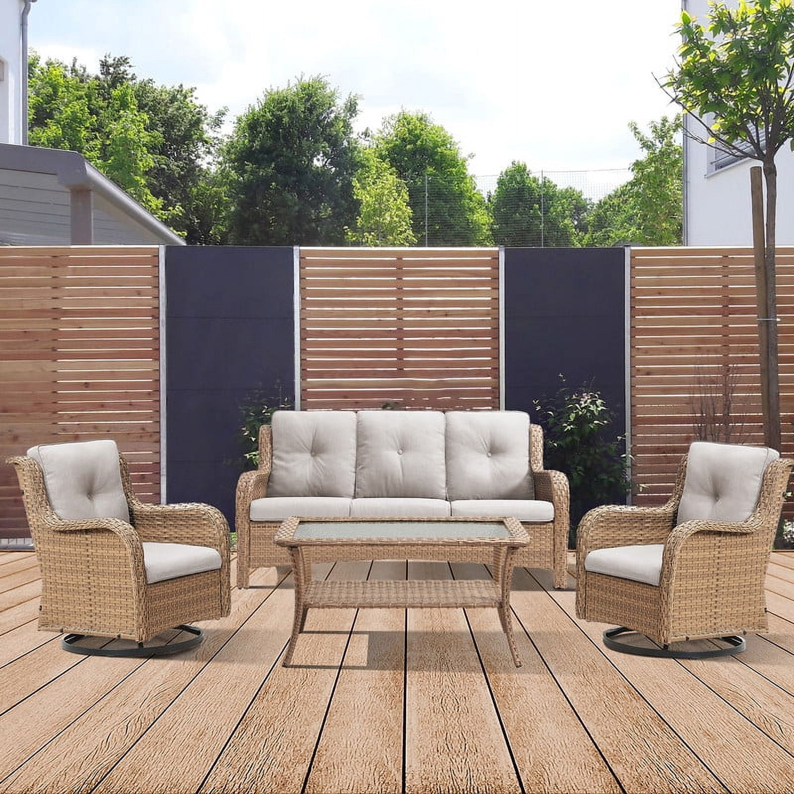 PARKWELL 4 Pieces Outdoor Patio Furniture Set Wicker Rattan Swivel Glider Chairs Cushioned Sofa Coffee Table All-Weather Conversation Sectional with Anti-Slip Cushions for Balcony