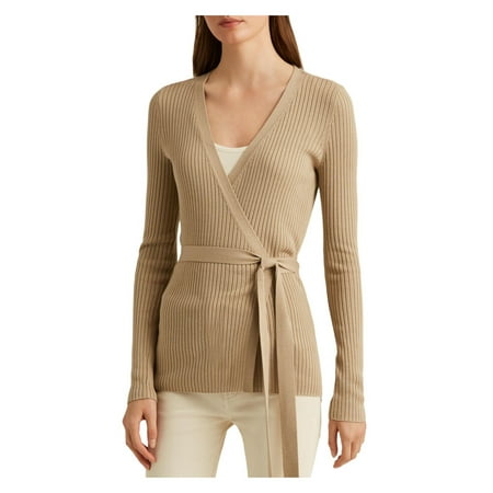 LAUREN RALPH LAUREN Womens Beige Ribbed Long Sleeve Surplice Neckline Wrap Cardigan S