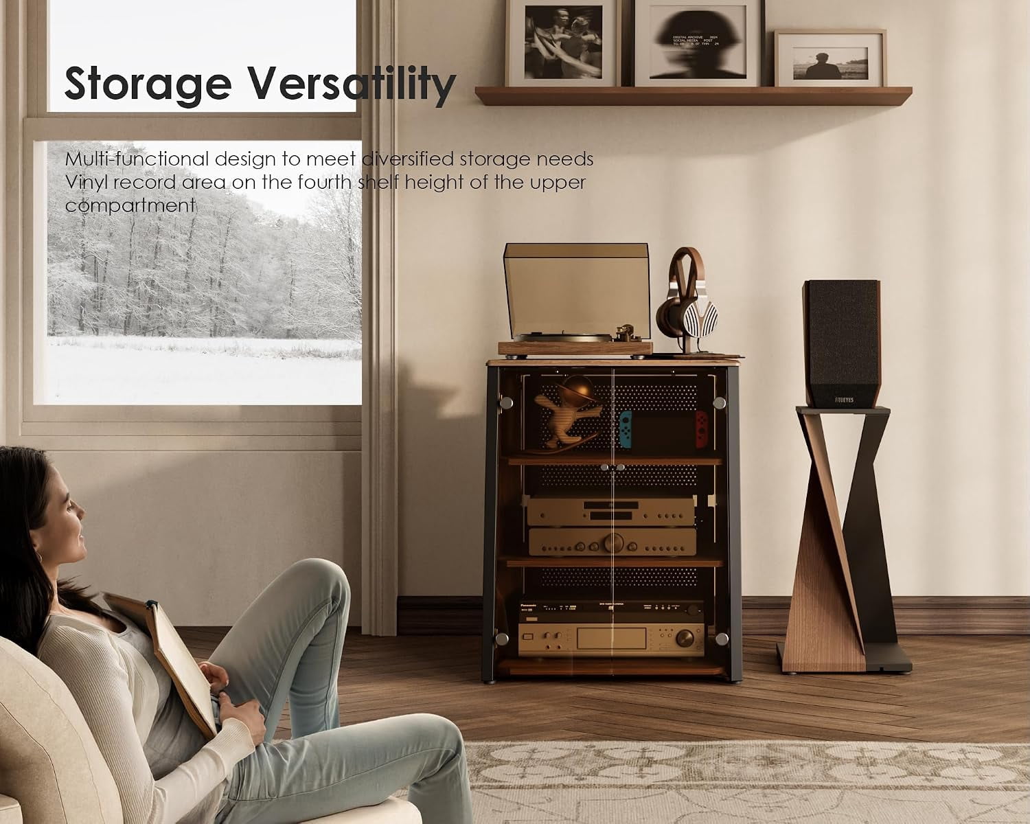 FITUEYES 4-Tier Media Stand with Tempered Glass Doors, Audio Component Cabinet, Dark Wood