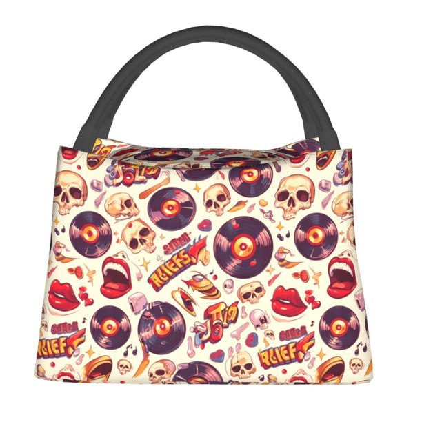 Balery rock music Skull record Bolsa de Aislamiento Portátil – Bolsa de Almuerzo con Forro de Aluminio Mejorado, Funda Impermeable y Fácil de Limpiar para Picnic y Caja de Almuerzo