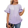 thumbnail image 2 of Women'S Round Neck Half-Sleeve Striped Loose Casual Shirt Ruffled Tops Purple Stripes S, 2 of 7
