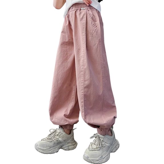 Ugoldhm Kids Elastic Waist Baggy Jogger Pants Side Pockets Cuffed Ankle Lightweight Loose Casual Trousers for Boys Girls 5-15Y