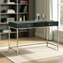 GZXS Contemporary Writing Desk with 2 Drawers, Black High Gloss MDF Top and Gold Electroplated Metal Base - 47"L x 20"W x 31"H