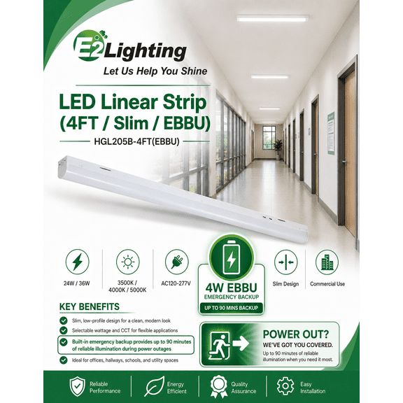 E2 Lighting 4FT Slim LED Linear Strip Light with 4W Emergency Battery Backup, 24W/36W Selectable, 3CCT, 120-277V