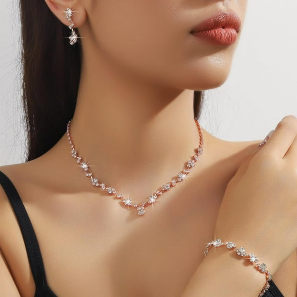 Prom Earrings Necklace Bracelet Set Elegant Crystal Necklace Earrings Bracelet Bridal Wedding Prom Dress Jewellery Set For Women