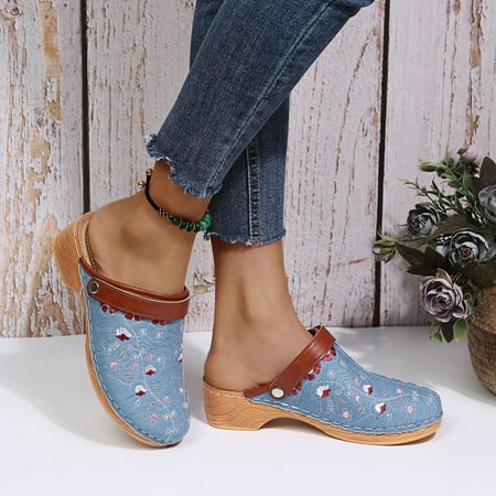 

Summer Ladies Slippers Embroidered Flower High-heeled Slope Heel Sandals