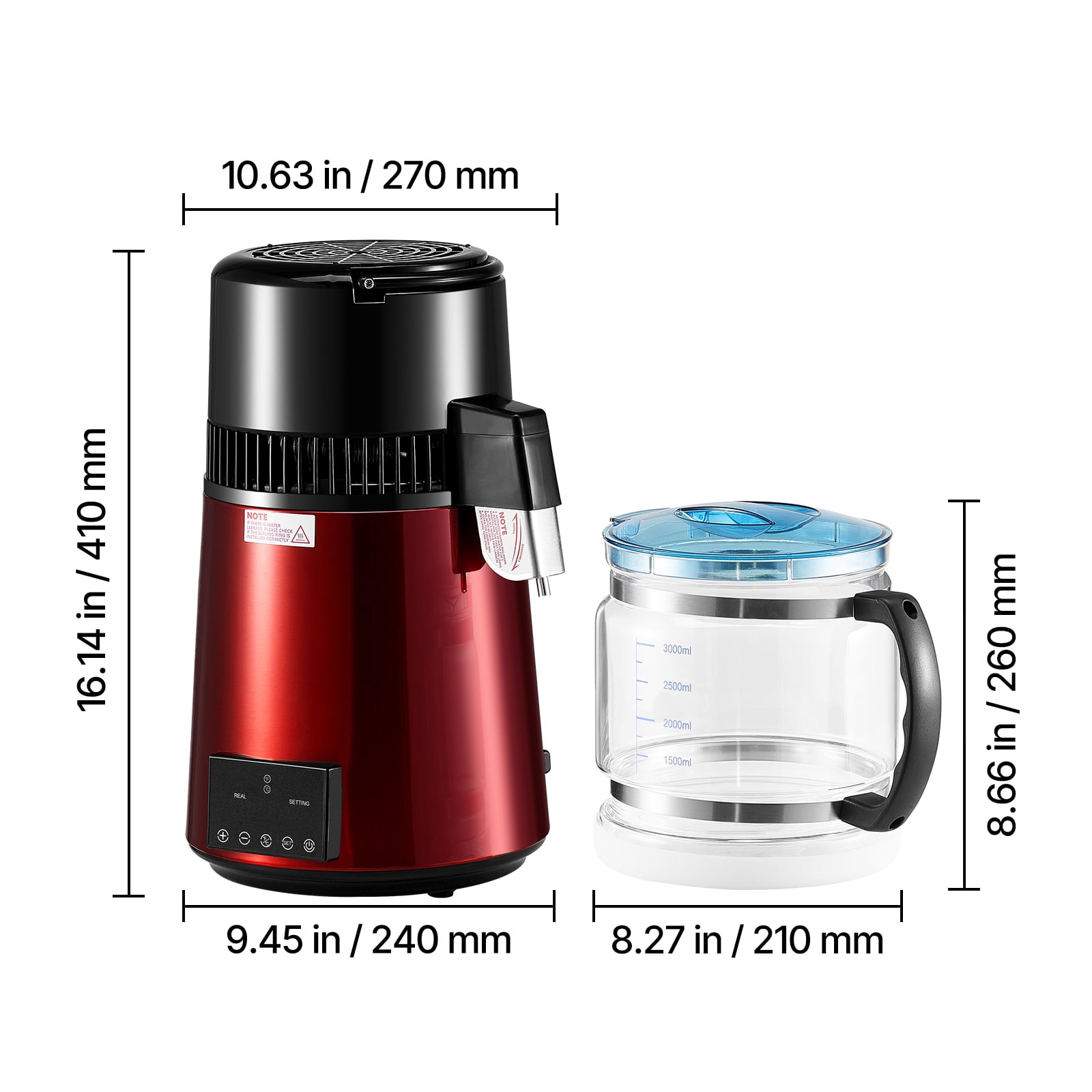 KFFKFF 4L 1.1 Gallon Water Distiller for Home Use, 1750W Countertop Purifier with Glass Container, Stainless Steel Interior for Producing Clean Drinking Water, Red