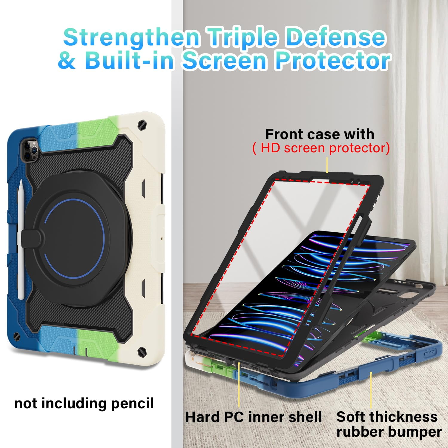 ROISKIN for iPad Pro 12.9 inch Case (6th/5th/4th/3rd generation)with Screen Protector for Kids, 360 Kickstand,Handle, Pencil Holder,Shoulder Strap Heavy Duty Rugged 12.9 iPad Case