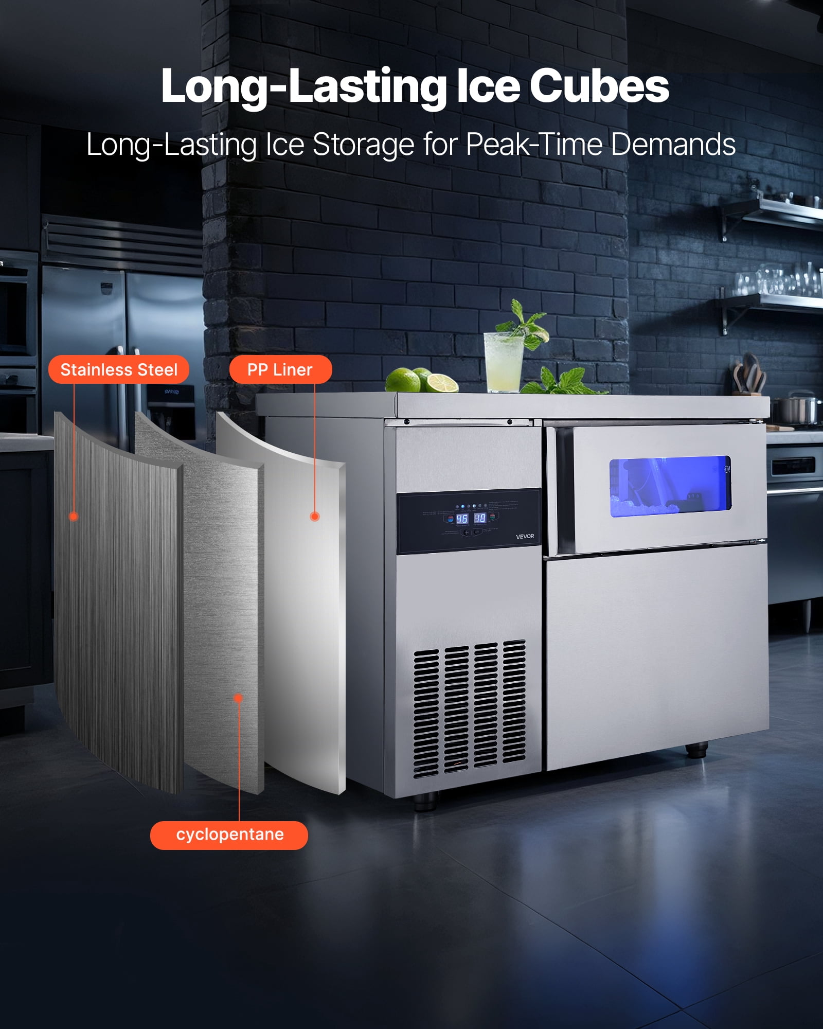 VEVOR Commercial Ice Maker Machine, 265 lbs/24H Stainless Steel Ice Machine with Worktop,66 lbs Storage & 126 Cubes/Cycle,Self-Cleaning Freestanding Ice-Making for Home Bar Office Restaurant Kitchen