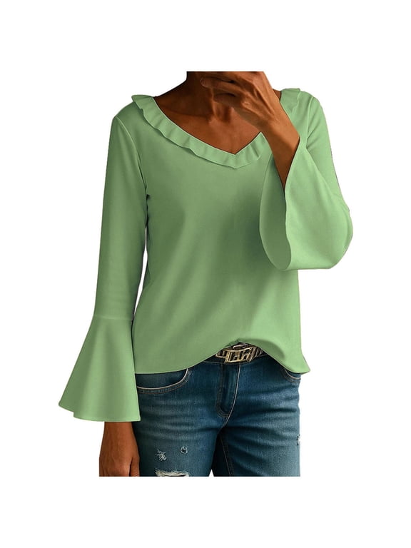 Womens Long Flared Sleeve Solid V Neck Tops Causal Loose Fall Ruffle Pullover T Shirt Tunic Shirts Blouses