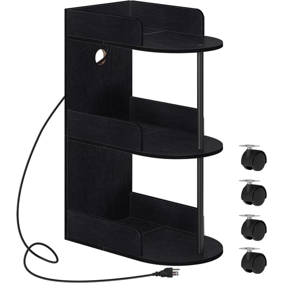 Modern minimalist three-tier bedside table with charging station, built-in USB port and power outlet, suitable for bedrooms and living rooms. Narrow-sided table, space-saving design