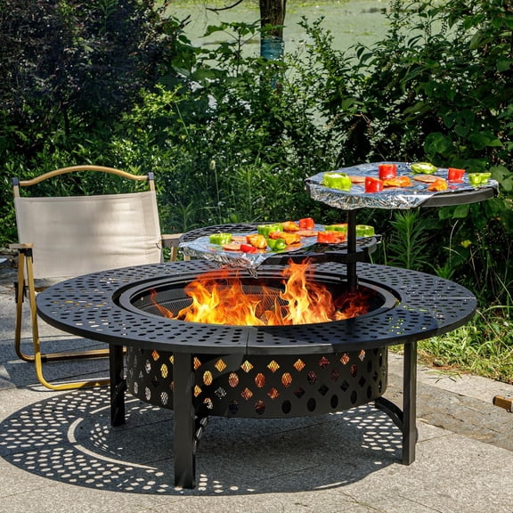47 Inch Fire Pit with 2 Grills, Wood Burning Fire Pits for Outside with Lid & Poker, BBQ& Outdoor Firepit