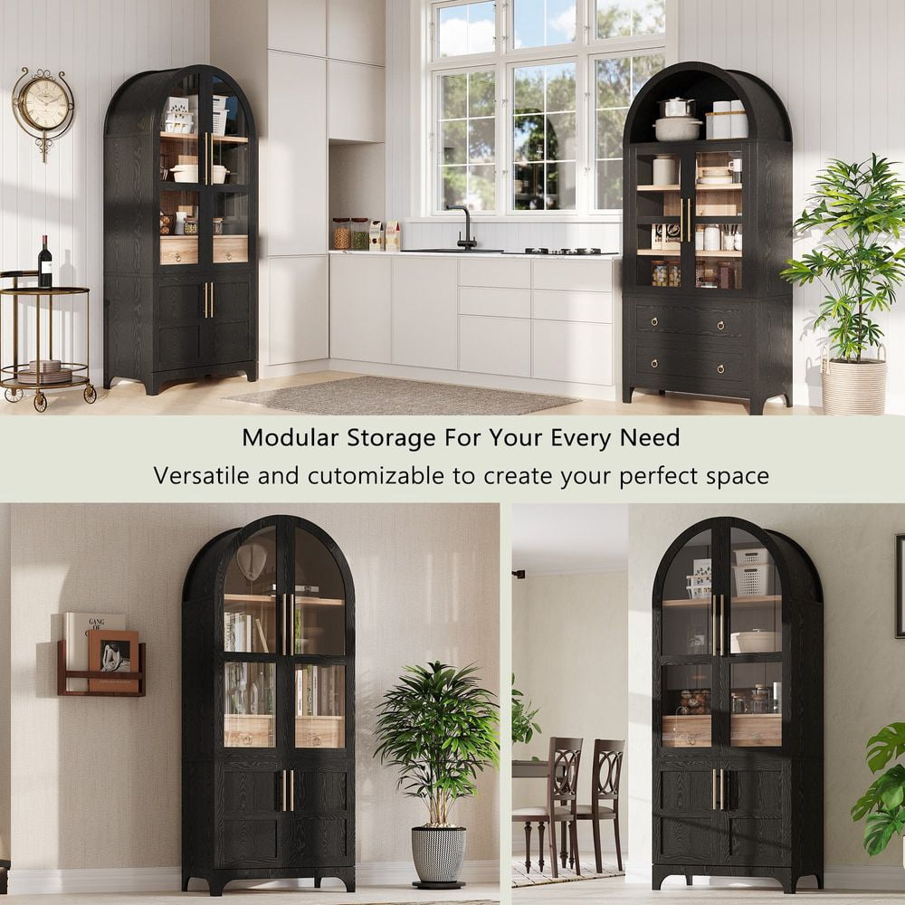 LUMAMIN Arched Bookcase, 71" Farmhouse Bookshelf Display Cabinet with Door Shelves, Adjustable Shelves, Hidden Drawer & Glass Door, Black
