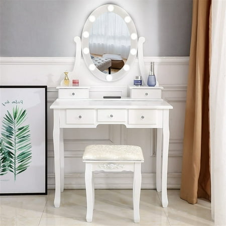 Ktaxon Vanity Table 10 LED Lights, 5 Drawers Makeup Dressing Desk with Cushioned Stool Set,Bedroom Vanities Set White