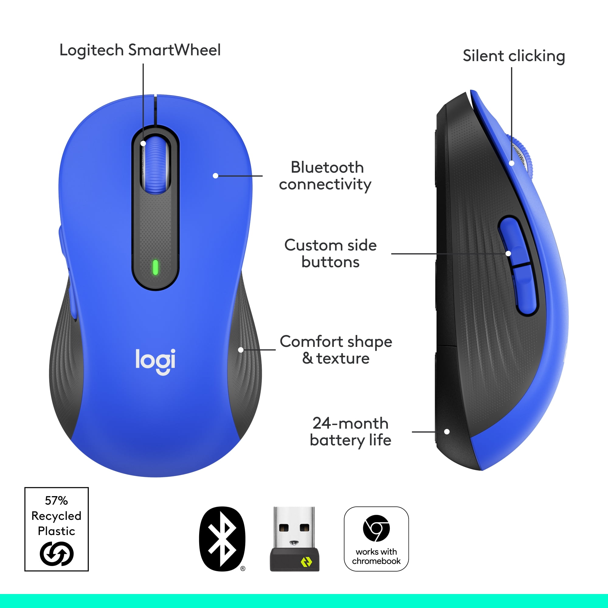 Logitech Signature M650 L Full Size Wireless Mouse - For Large Sized Hands, 2-Year Battery, Silent Clicks, Customizable Side Buttons, Bluetooth, Blue