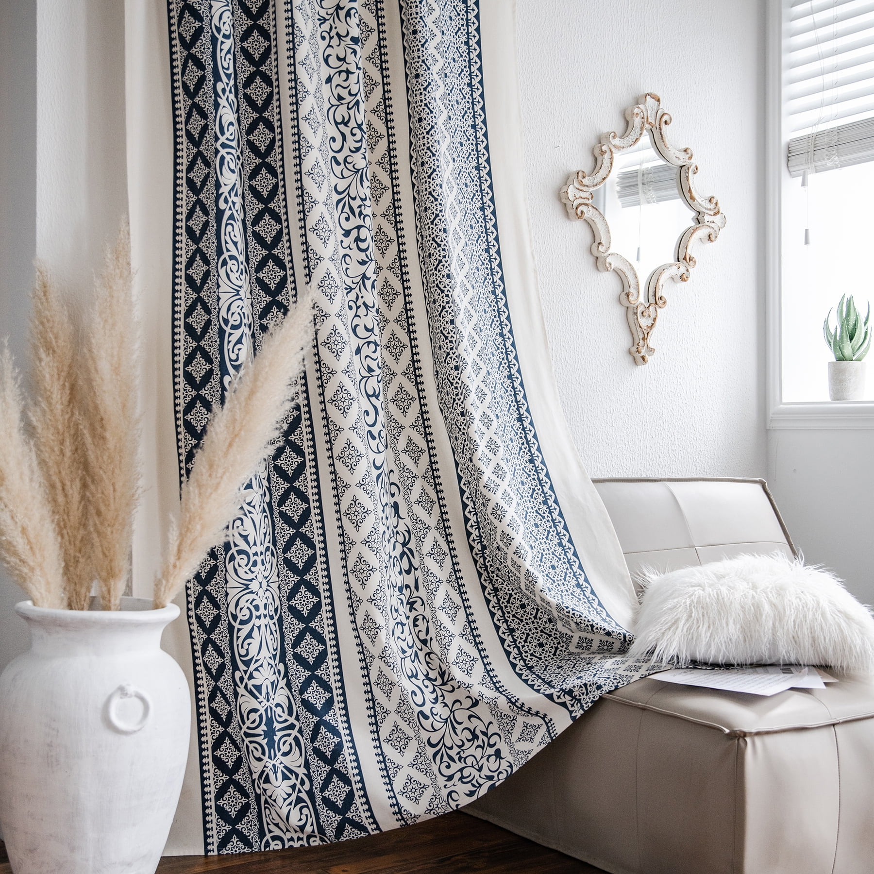VOGOL Country Strip Printed Curtains, Rod Pocket Solid Window Treatments Drapes for Bedroom Office Decor, 1 Panel, Navy Blue and Beige, 59 x 79 Inches