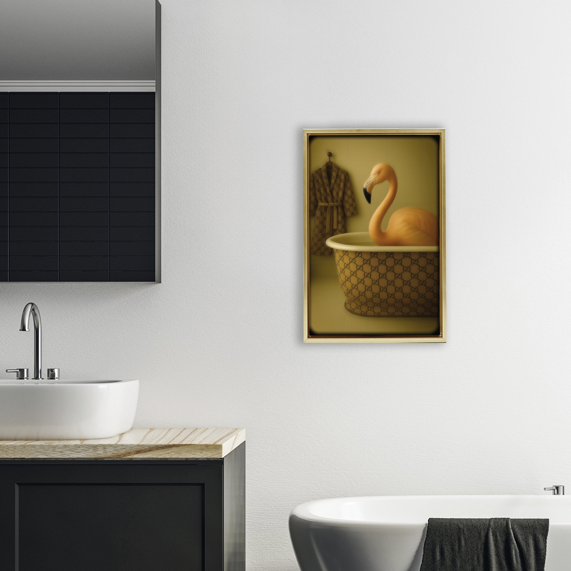 Stupell Industries Couture Flamingo in Luxury Tub Gold Framed Floater Canvas Wall Art, design by Grotto Studios