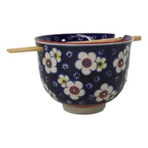 Blue Ume Plum Blossoms Ceramic Donburi Ramen Soup Red Bowl With Chopsticks Set