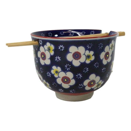 Blue Ume Plum Blossoms Ceramic Donburi Ramen Soup Red Bowl With Chopsticks Set