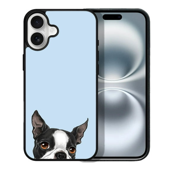 WIRESTER Shockproof Soft Rubber Cover Case for Apple iPhone 16 6.1" 2024, Animal Boston Terrier Dog On Light Blue Background