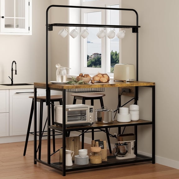 Kitchen Island with Storage, 3-Tier Bakers Rack with Power Outlet, Microwave Stand with 8 Hooks, 1.2" Thickened Tabletop, Large Coffee Bar Table, Vintage Brown, 47"x28"x71"