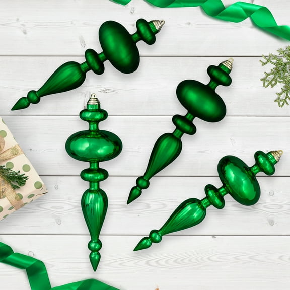 Shatterproof Commercial Size Finial Christmas Ornaments - 14" - Green - Set of 4