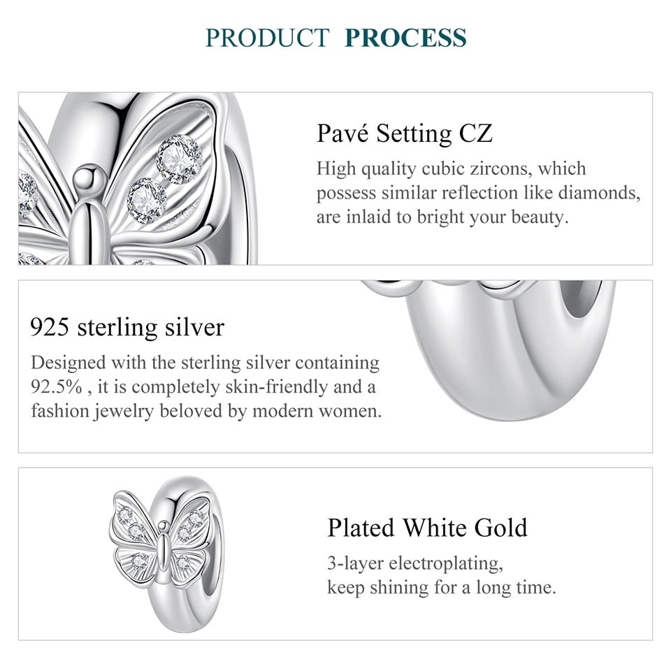 Butterfly Silicone Spacer Beads Charm, 925 Sterling Silver Accessory, Compatible with 3mm-4.5mm Bracelet