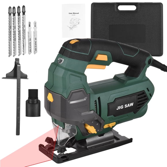 Mistaha 800W Jigsaw with 3000 SPM Speed, 6 Variable Speeds, 6 Blades, ±45° Bevel Cut, 4 Orbital Settings, Copper Motor, Carrying Case, US Plug