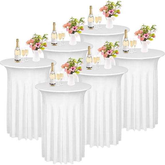 6 Piece White Round Cocktail Table Skirt Set 32 x 43 Inches Spandex Stretch Table Cover
