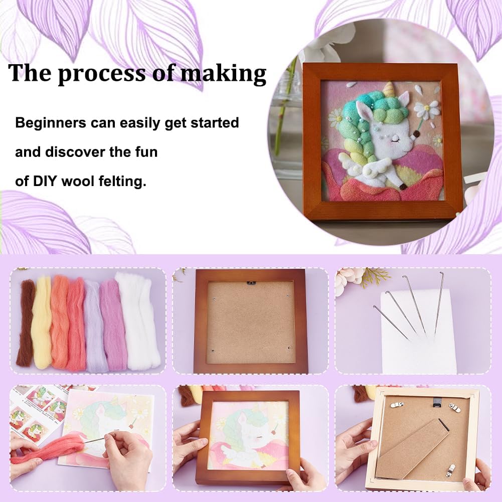 2 Sets 2 Style Unicorn Pattern Photo Frame Needle Felting Kits for Beginners Mixed Color 183x183x20mm 1 set/style