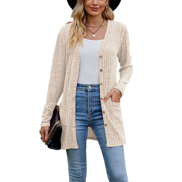 Diconna Women Fashion V-Neck Cardigan Solid Color Rib Long Sleeve Sweater Button-Down Fall Casual Soft Knit Coat