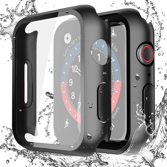 2‑Pack Matte‑Black Waterproof Hard PC Case with 9H Tempered Glass Screen Protector for Apple Watch SE3/SE2/SE Series 6/5/4 44mm, Anti‑Scratch Sensitive‑Touch iWatch Protective Bumper Cover