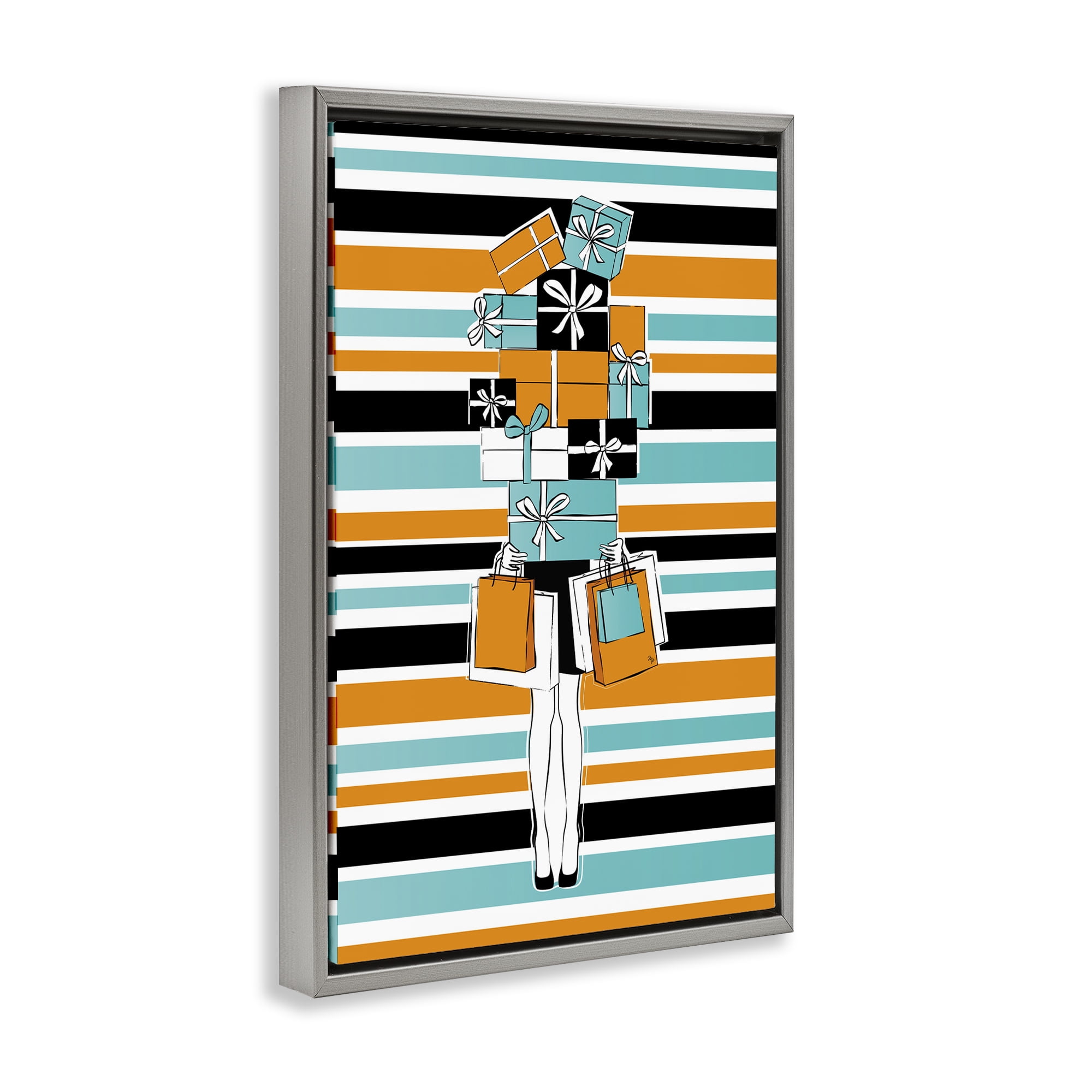 Stupell Industries Stacked Shopping Boxes Beauty & Fashion Painting Gray Floater Framed Art Print Wall Art, 17 x 25